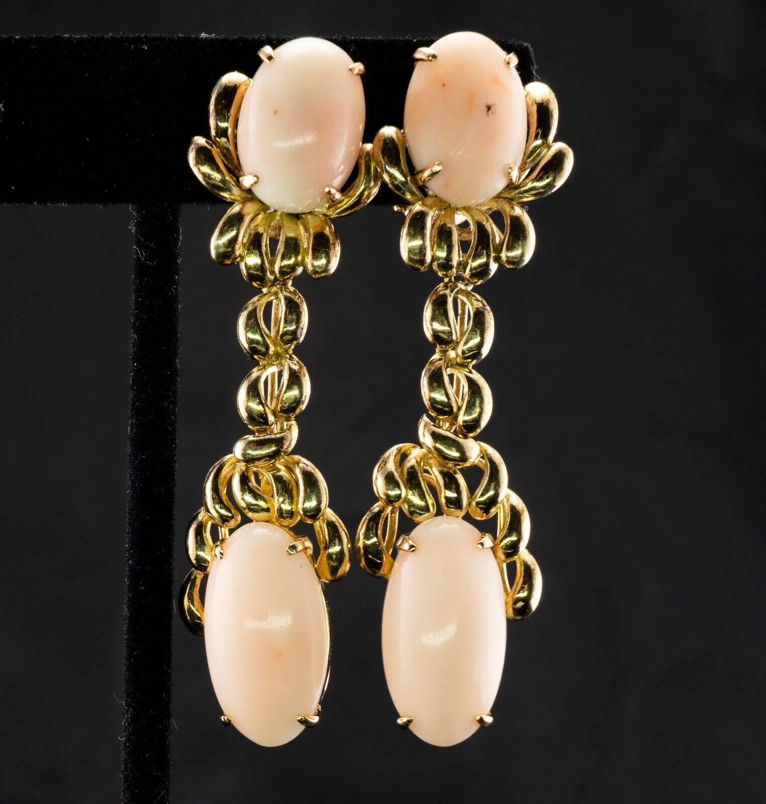 Angel Skin Coral Earrings Dangle 14K Gold Estate

These gorgeous earrings are crafted in solid 14K Yellow Gold (carefully tested and guaranteed) and set with genuine Angel skin corals. The oval cut Coral on the top measures 14mm x10mm. The coral on