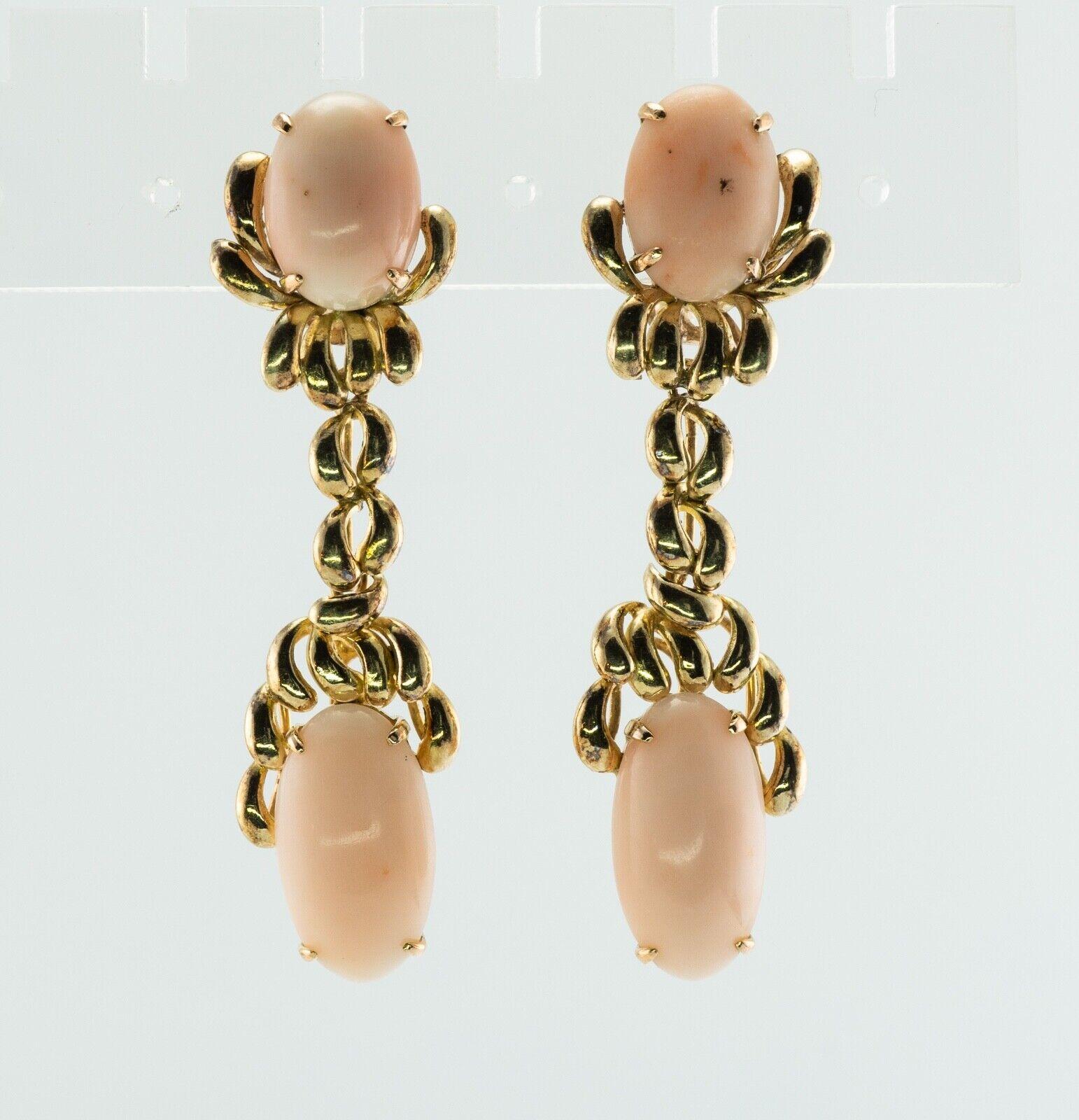Cabochon Angel Skin Coral Earrings Dangle 14K Gold Estate For Sale