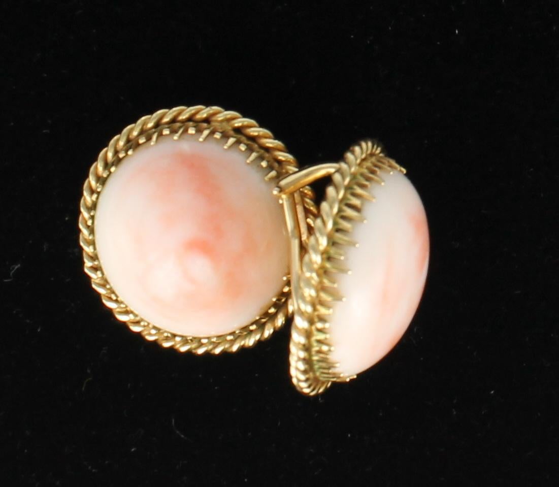 Angel Skin Coral Earrings Set in 14 Karat Yellow Gold, circa 1930 In Good Condition In Atlanta, GA