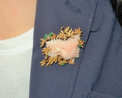 Angel Skin Coral Bird Emerald Diamond Gold Brooch Pendant Estate Fine Jewelry