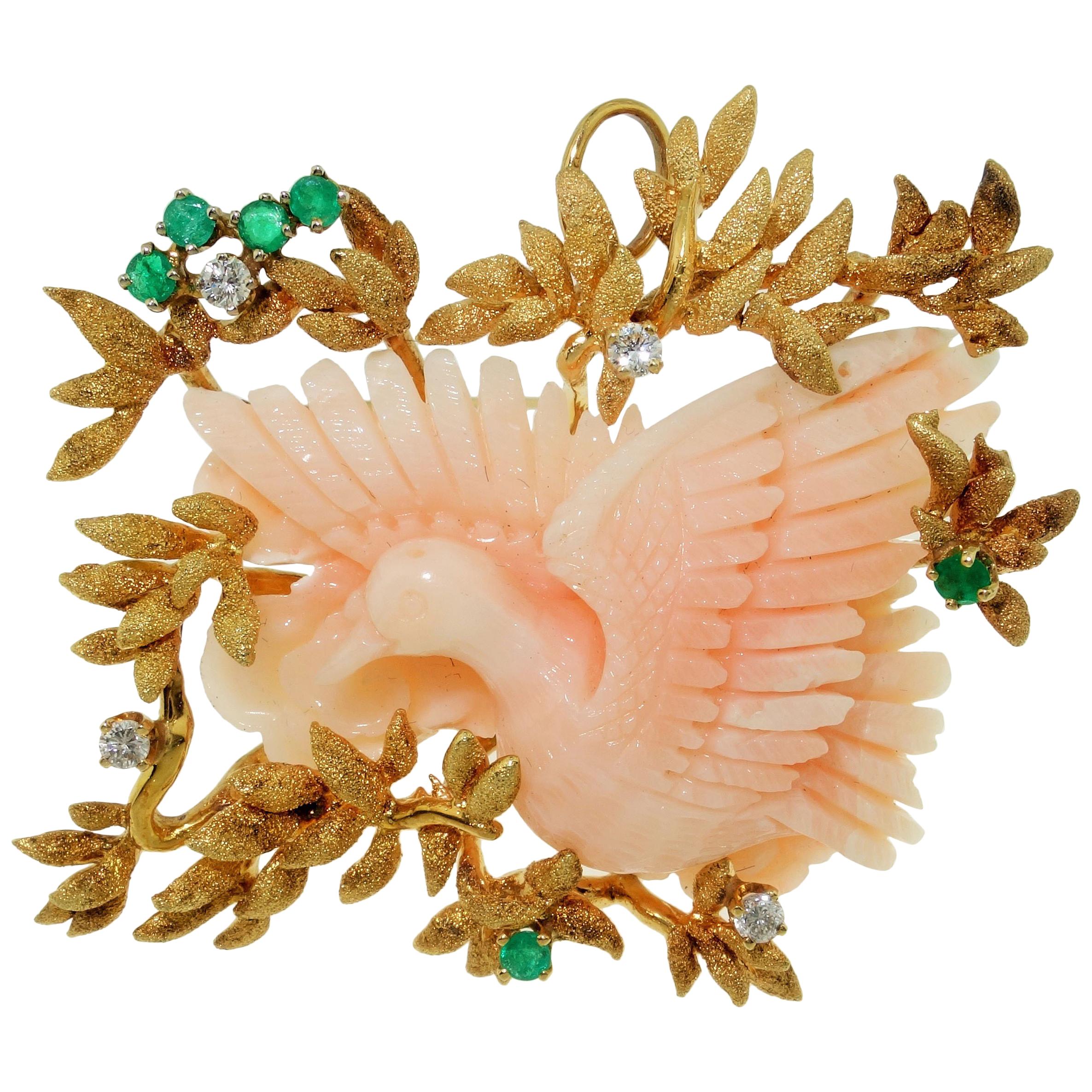 Angel Skin Coral Bird Emerald Diamond Gold Brooch Pendant Estate Fine Jewelry For Sale