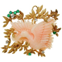 Angel Skin Coral Bird Emerald Diamond Gold Brooch Pendant Estate Fine Jewelry