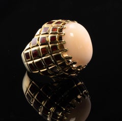 Angel Skin Coral Enamel Ring 18K Gold Cocktail Dome