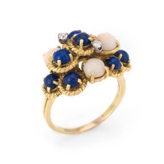 Angel Skin Coral Lapis Lazuli Diamond Cocktail Ring Vintage 18 Karat Yellow Gold