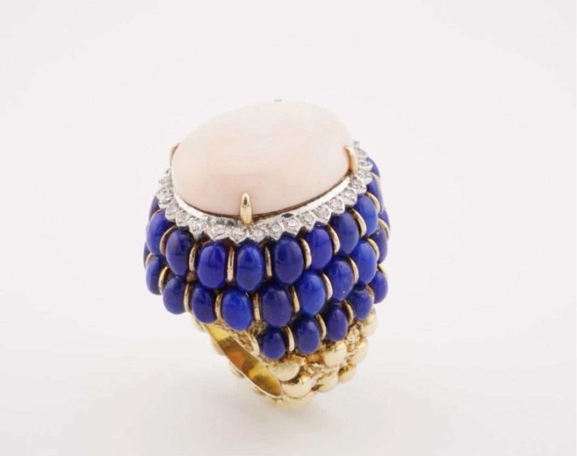 Angel Skin Coral Lapis Lazuli Ring 14k Yellow Gold Cocktail Estate For Sale 5