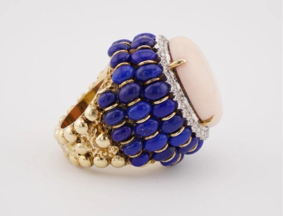 Angel Skin Coral Lapis Lazuli Ring 14k Yellow Gold Cocktail Estate For Sale 6