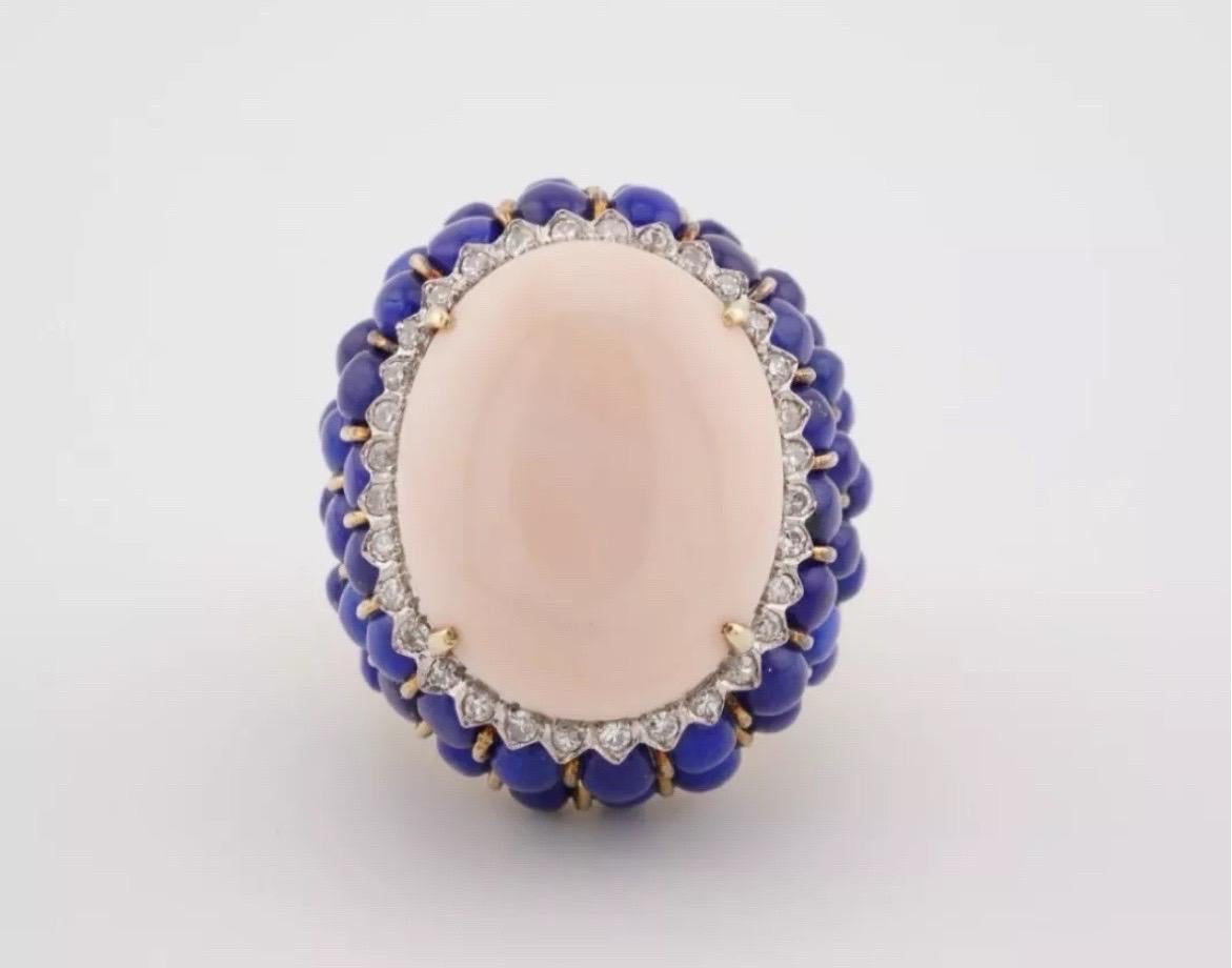 Angel Skin Coral Lapis Lazuli Ring 14k Yellow Gold Cocktail Estate For Sale 7