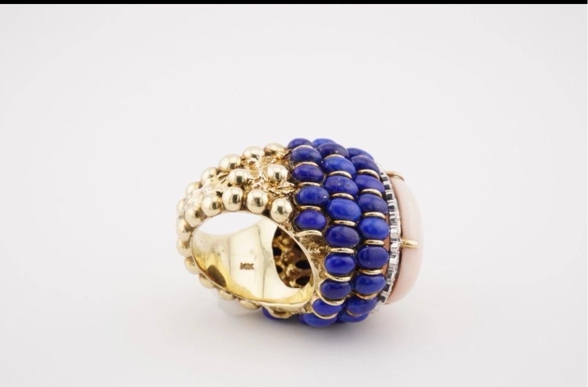 Angel Skin Coral Lapis Lazuli Ring 14k Yellow Gold Cocktail Estate For Sale 8