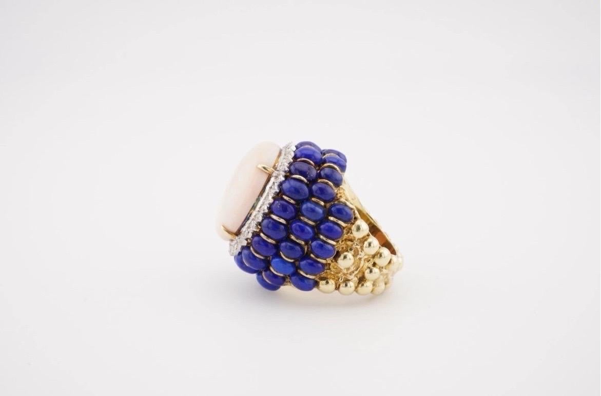 Angel Skin Coral Lapis Lazuli Ring 14k Yellow Gold Cocktail Estate For Sale 9