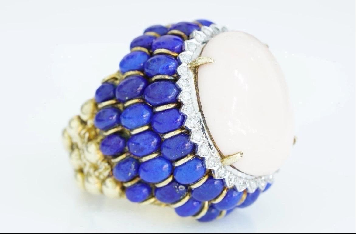 Angel Skin Coral Lapis Lazuli Ring 14k Yellow Gold Cocktail Estate For Sale 10