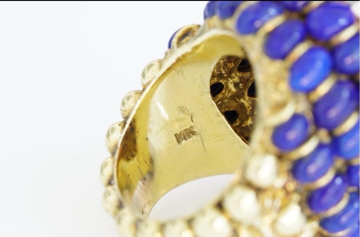 Angel Skin Coral Lapis Lazuli Ring 14k Yellow Gold Cocktail Estate For Sale 11