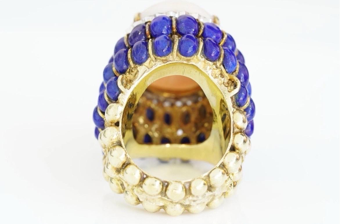 Angel Skin Coral Lapis Lazuli Ring 14k Yellow Gold Cocktail Estate For Sale 12