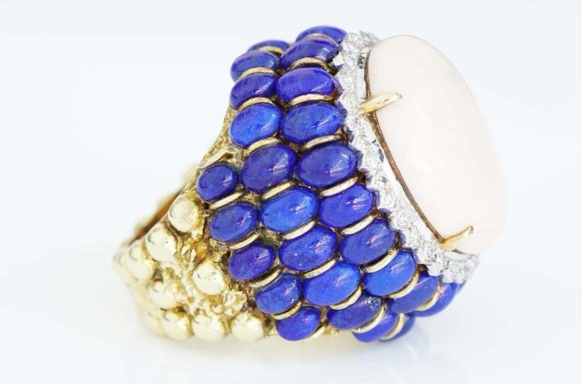 Angel Skin Coral Lapis Lazuli Ring 14k Yellow Gold Cocktail Estate For Sale 13