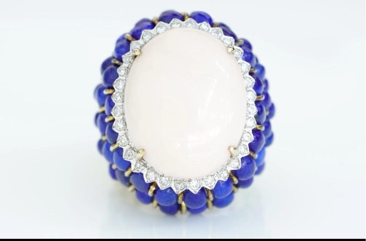 Angel Skin Coral Lapis Lazuli Ring 14k Yellow Gold Cocktail Estate For Sale 14