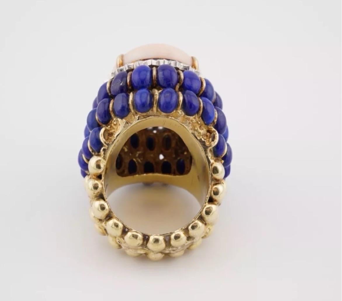 Oval Cut Angel Skin Coral Lapis Lazuli Ring 14k Yellow Gold Cocktail Estate For Sale