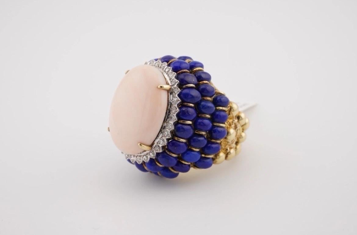 Women's Angel Skin Coral Lapis Lazuli Ring 14k Yellow Gold Cocktail Estate For Sale