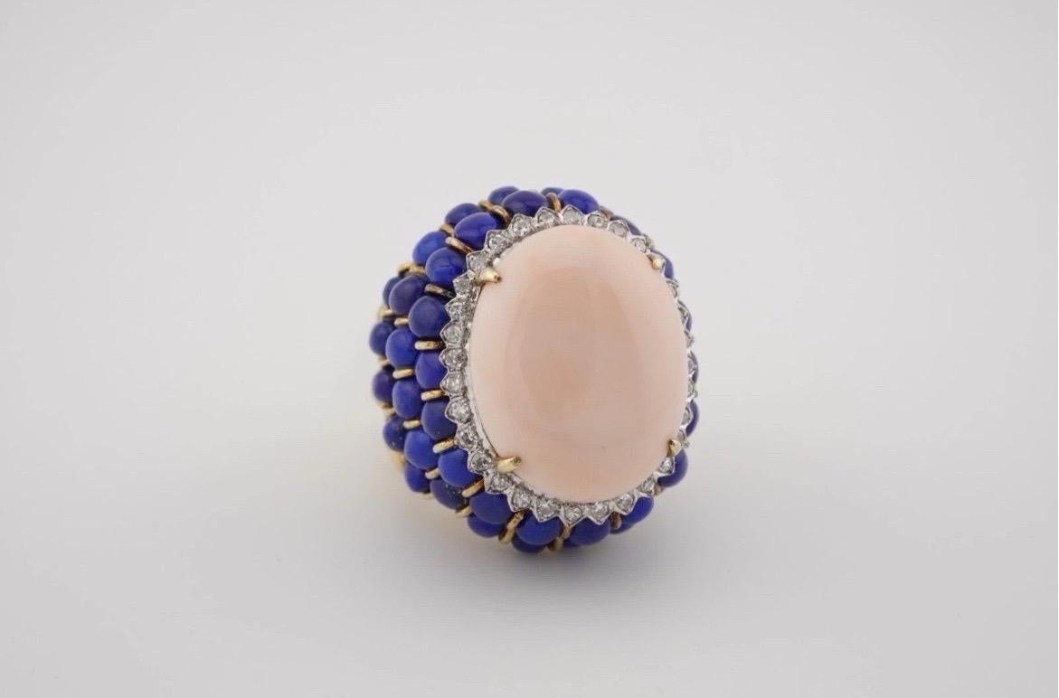 Angel Skin Coral Lapis Lazuli Ring 14k Yellow Gold Cocktail Estate For Sale 1