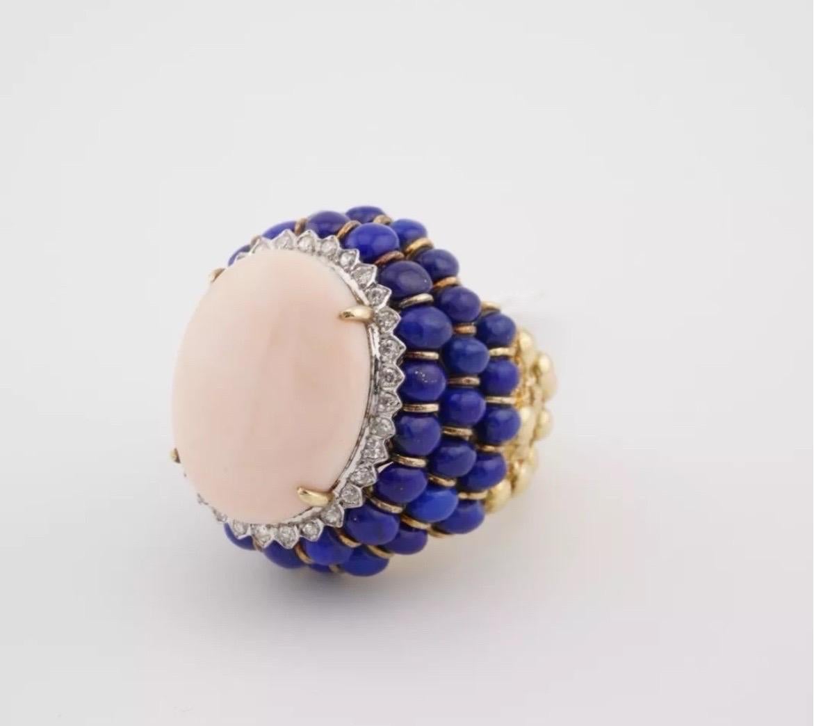 Angel Skin Coral Lapis Lazuli Ring 14k Yellow Gold Cocktail Estate For Sale 2