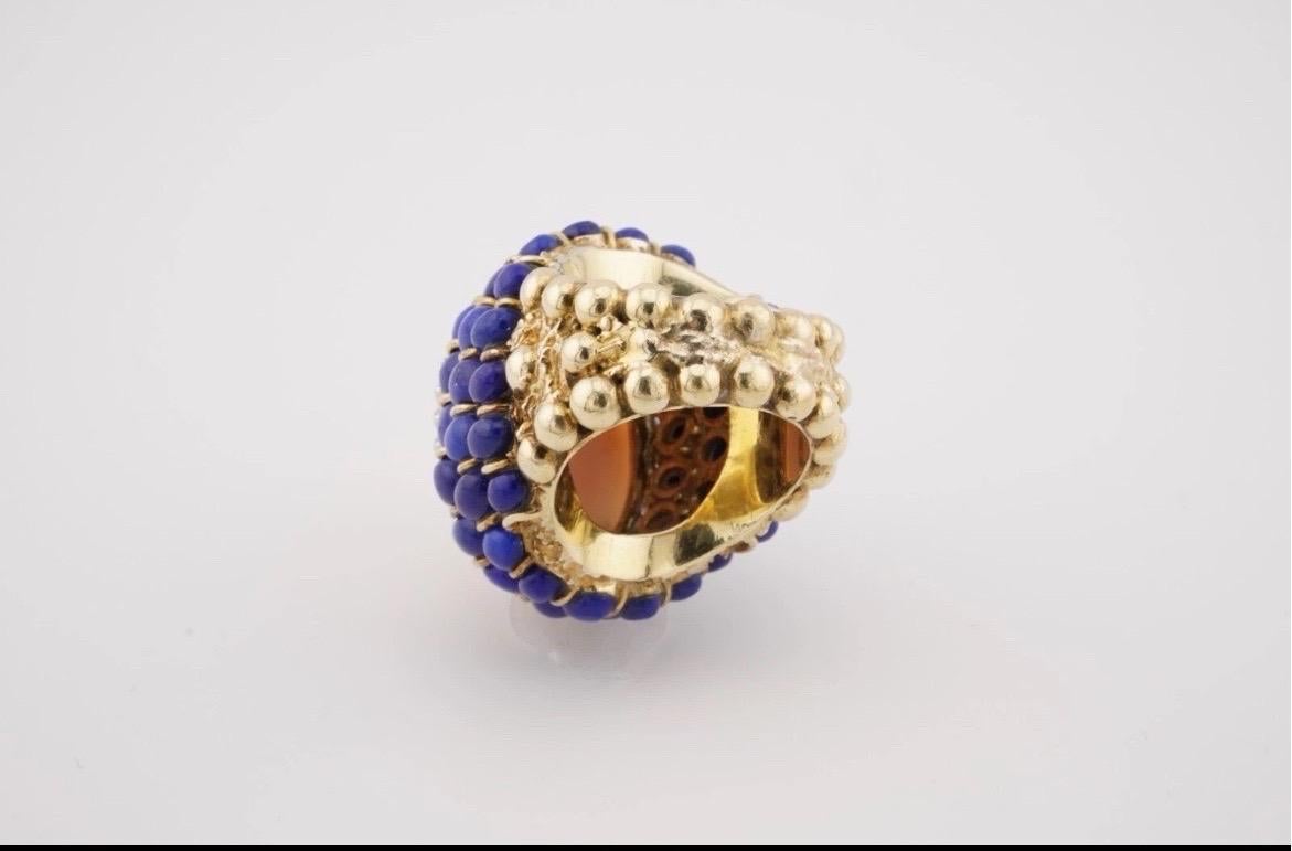 Angel Skin Coral Lapis Lazuli Ring 14k Yellow Gold Cocktail Estate For Sale 4