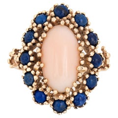 Angel Skin Coral Lapis Lazuli Ring Vintage 10k Yellow Gold Oval Cocktail Jewelry