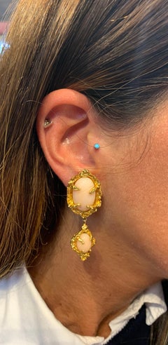 Angel Skin Coral & Modernist Gold Dangle Earrings