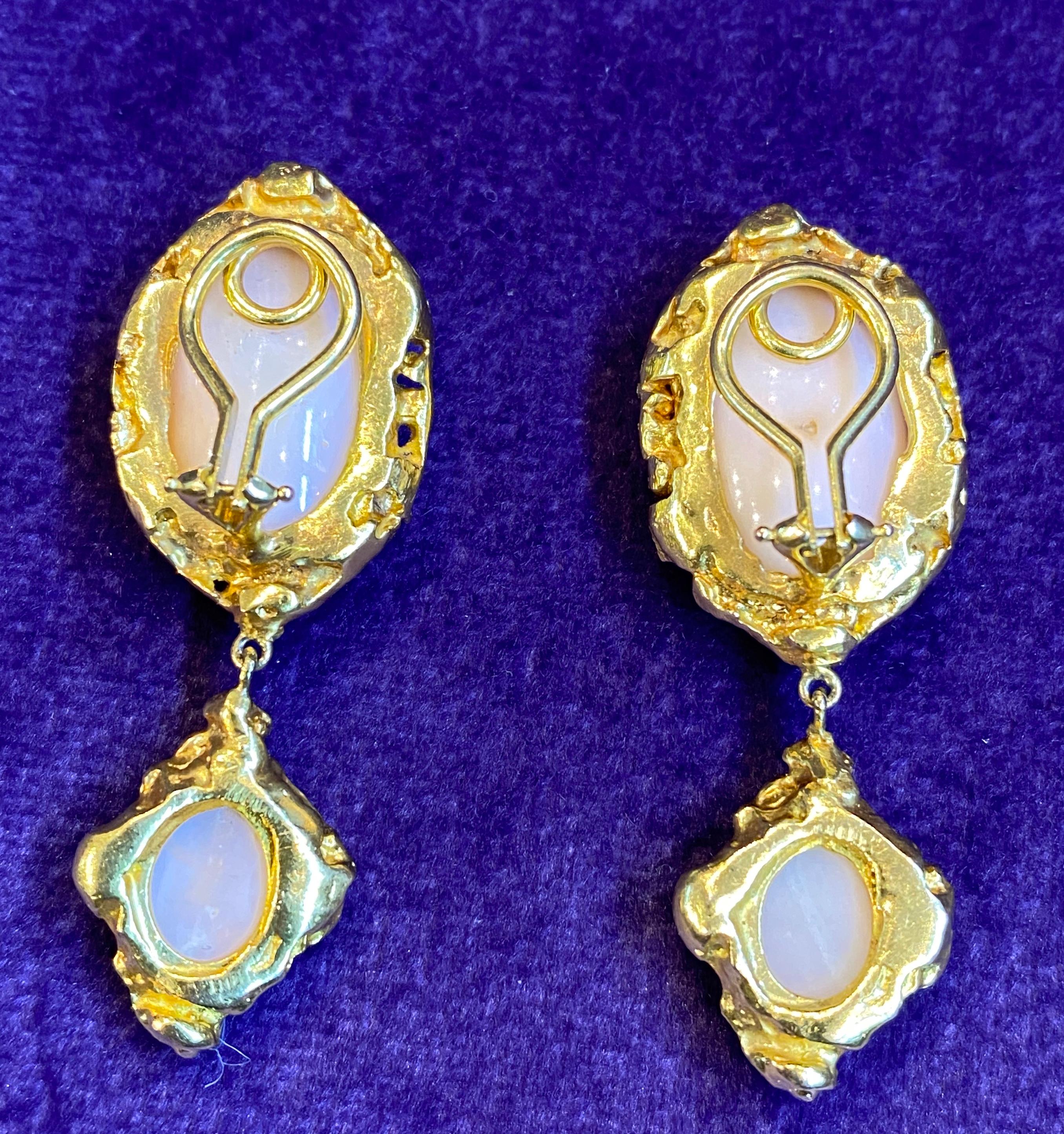 Women's Angel Skin Coral & Modernist Gold Dangle Earrings For Sale