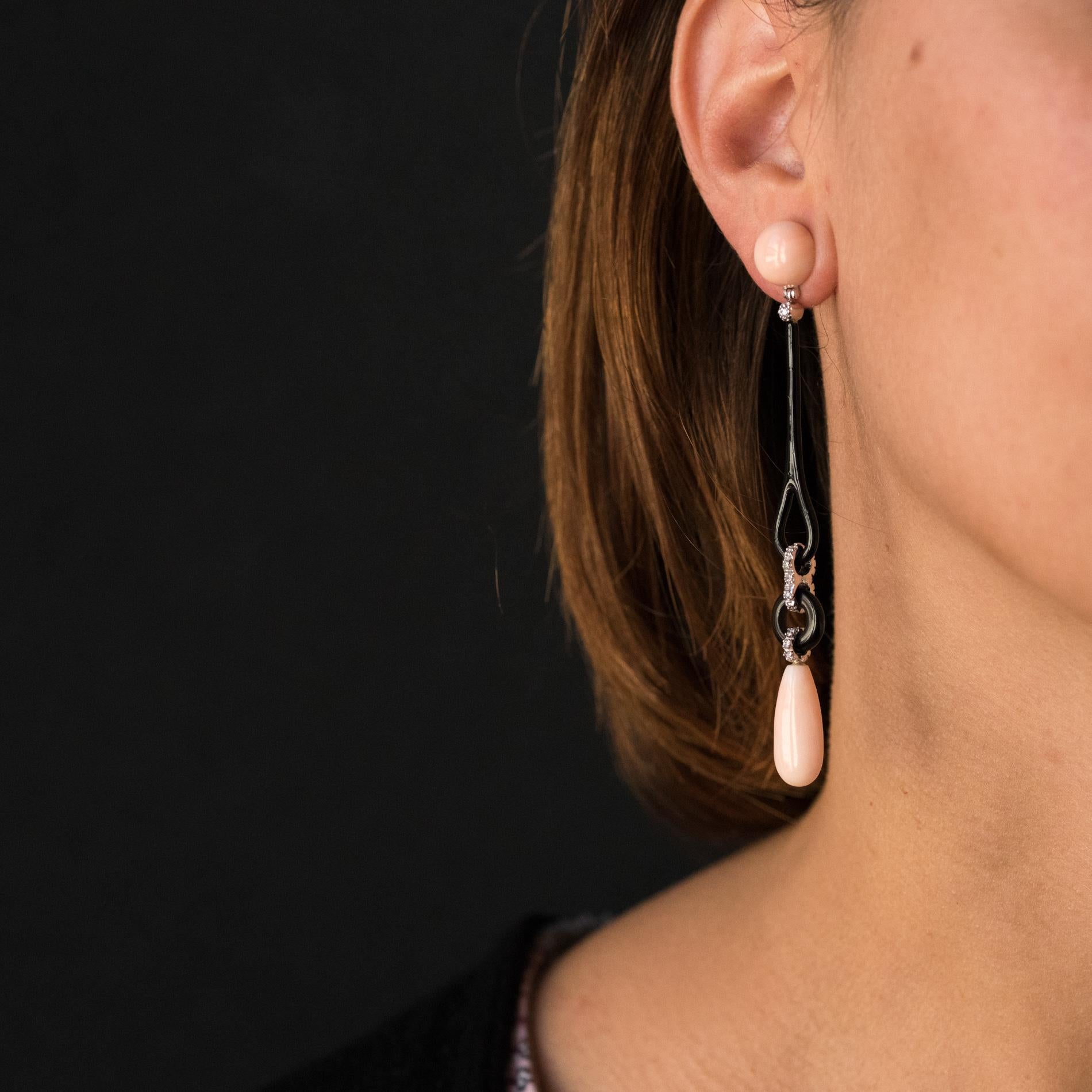 Women's Angel Skin Coral Onyx Enamel Diamonds Art Deco Style Dangle Earrings