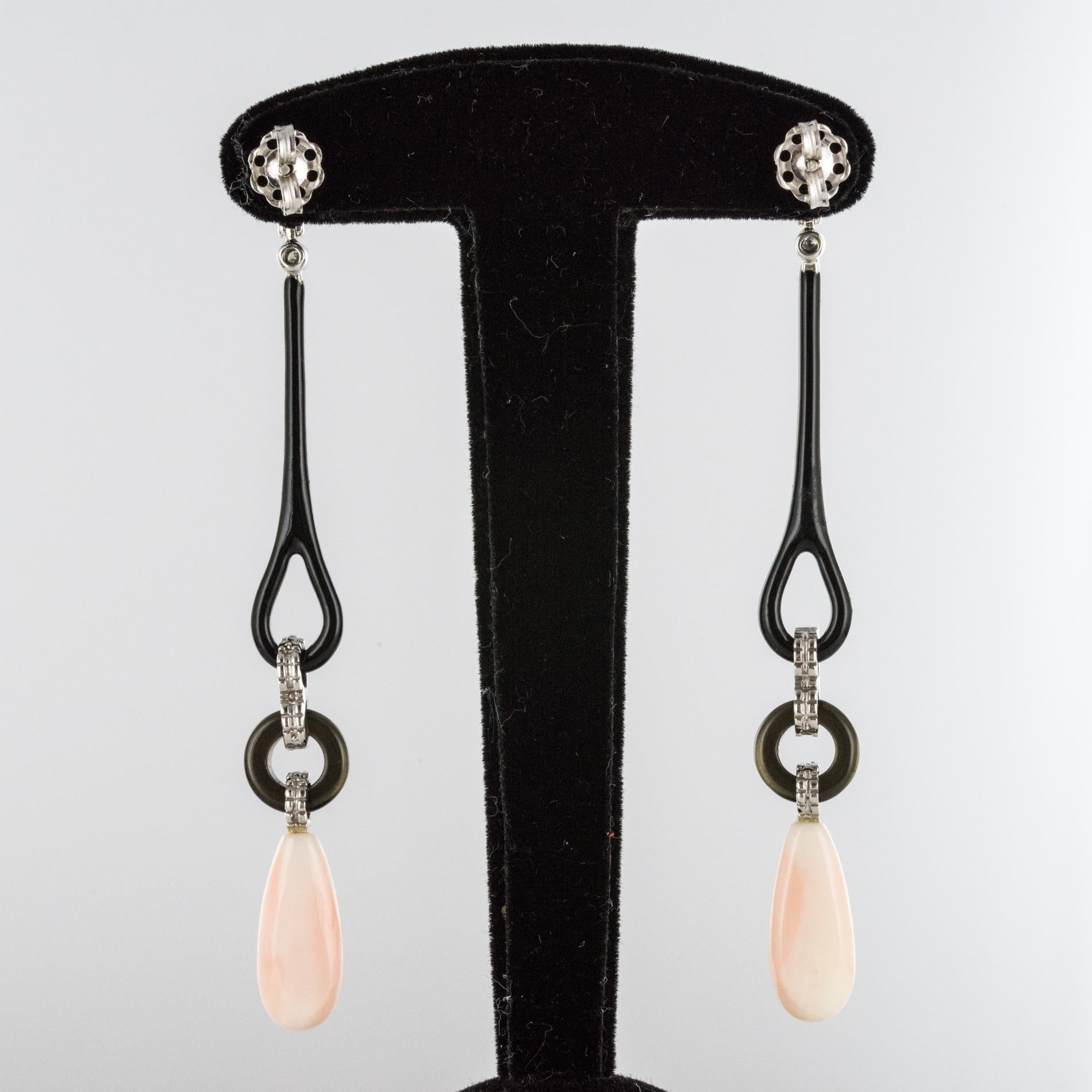 Angel Skin Coral Onyx Enamel Diamonds Art Deco Style Dangle Earrings 1
