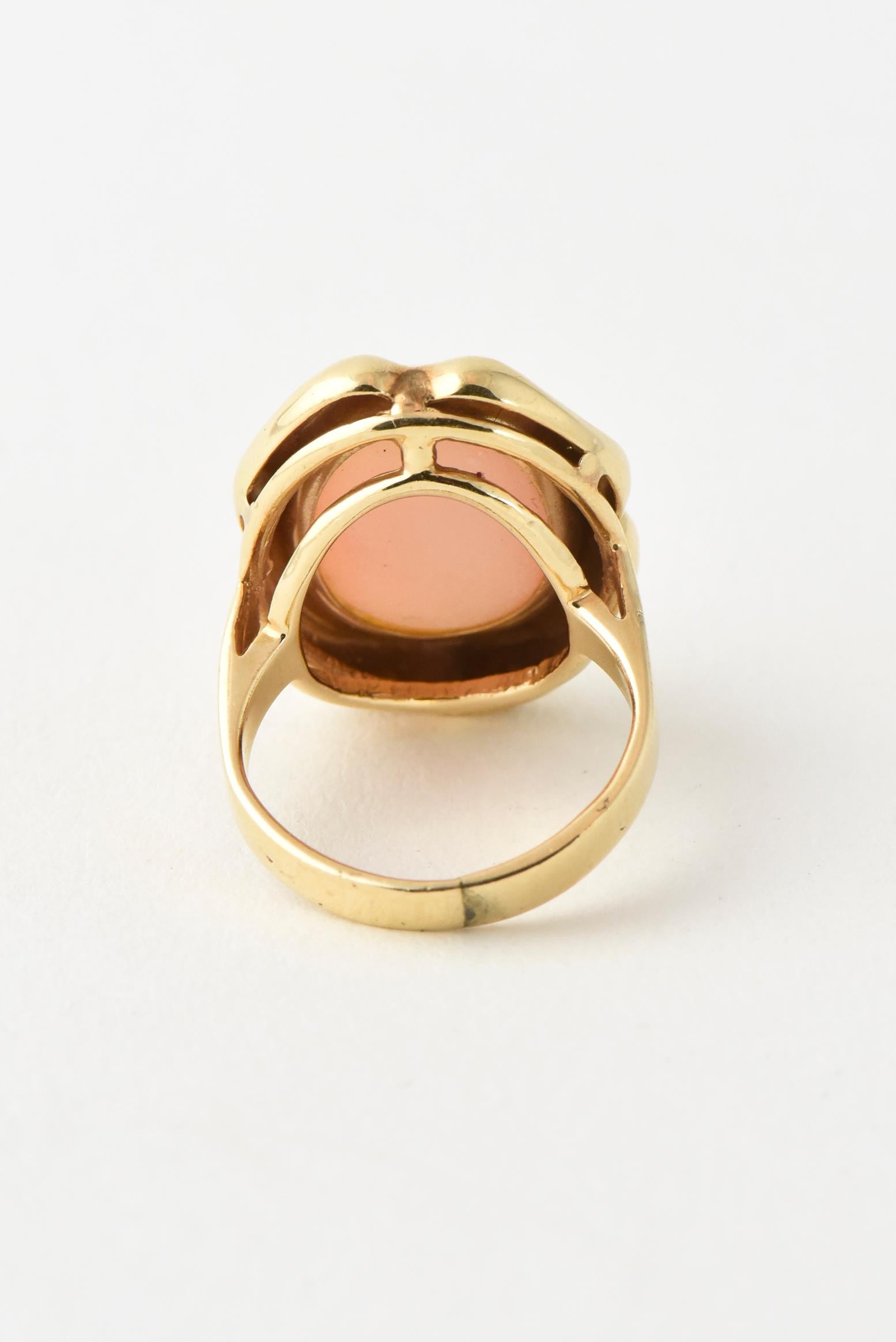 Women's or Men's Angel Skin Coral Oval Cabochon in Bamboo Style Yellow Gold Ring For Sale