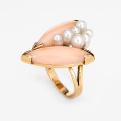 Angel Skin Coral Pearl Ring Vintage 14k Yellow Gold Large Cocktail Jewelry