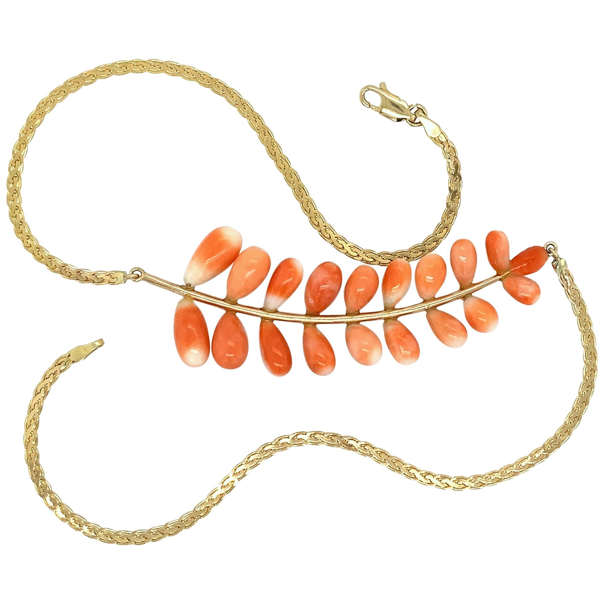 Angel Skin Coral "Pussy Willow" Choker-Length Necklace in Yellow Gold For Sale