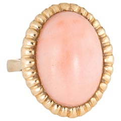 Angel Skin Coral Ring Vintage 14k Yellow Gold Large Oval Cocktail Estate