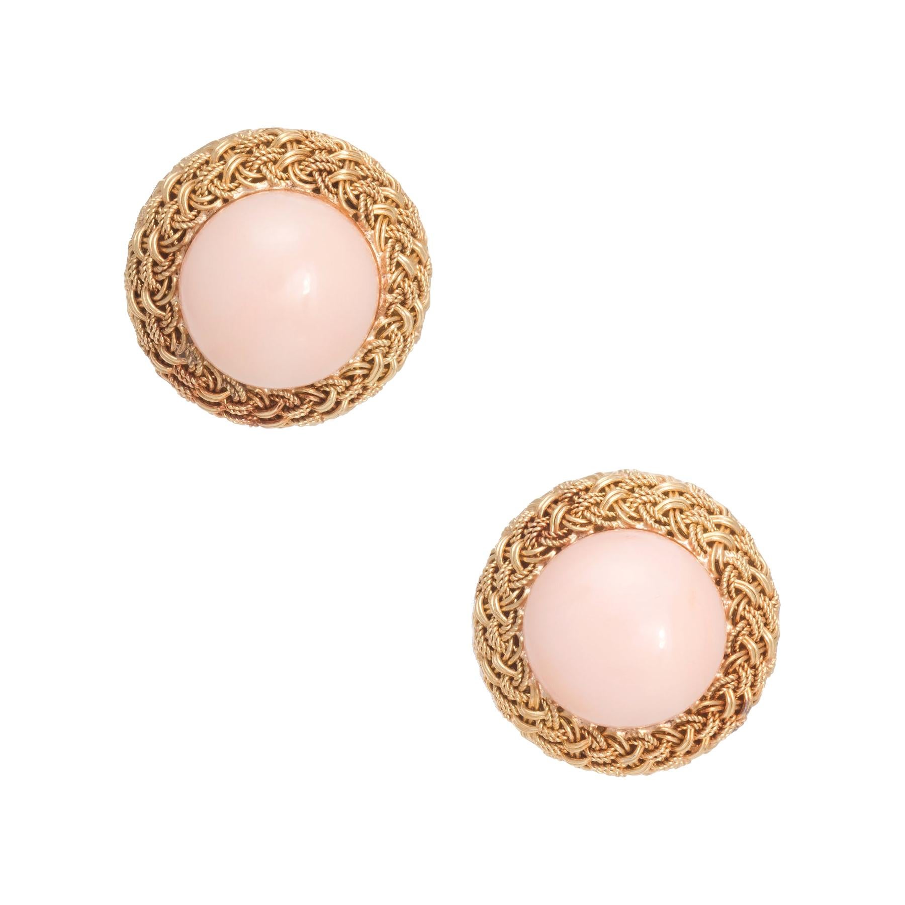 Angel Skin Coral Round Earrings Vintage 18 Karat Yellow Gold Estate Fine Jewelry For Sale