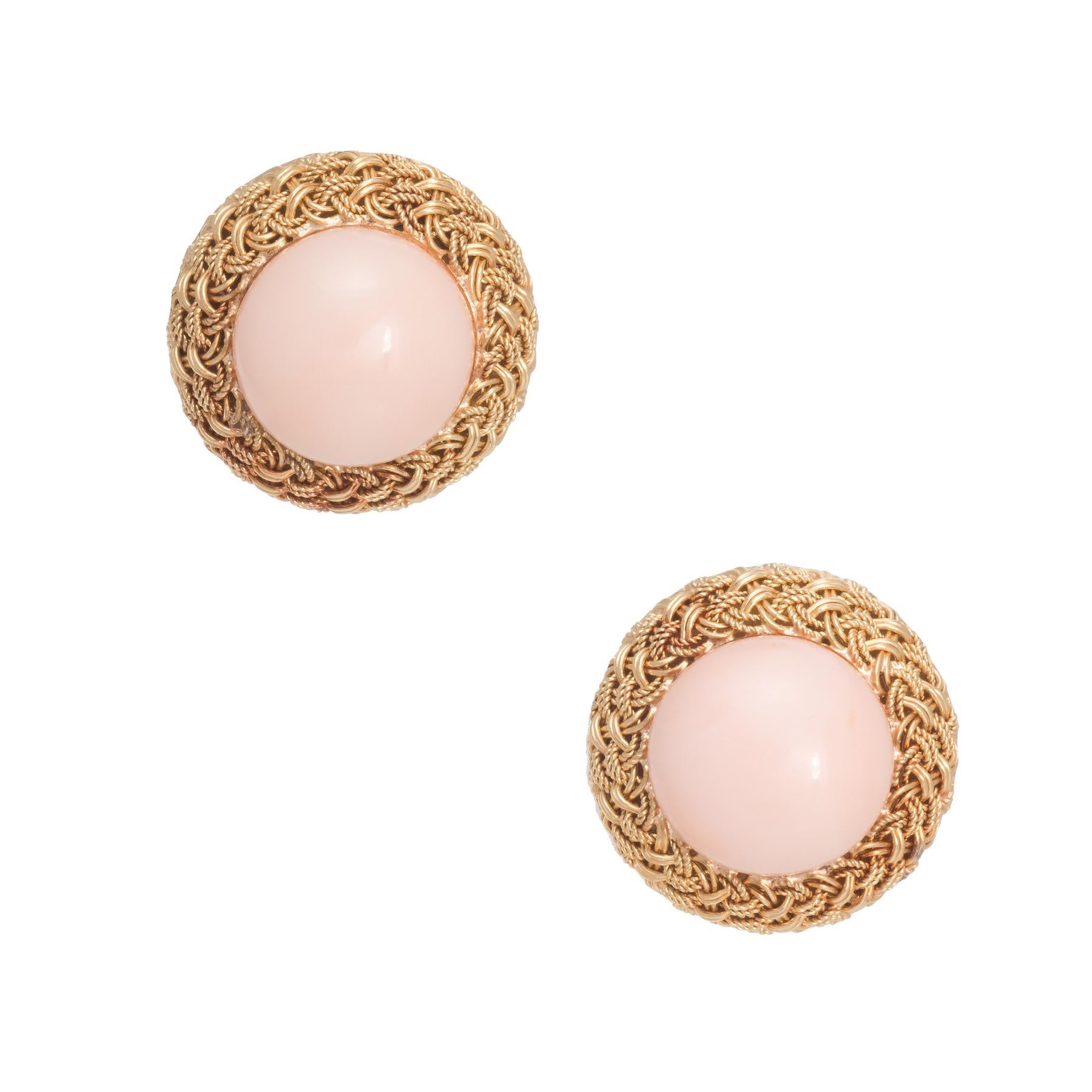 Modern Angel Skin Coral Round Earrings Vintage 18 Karat Yellow Gold Estate Fine Jewelry For Sale