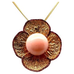 Angel Skin Coral Ruby 18k Yellow Gold Flower Pendant-Brooch