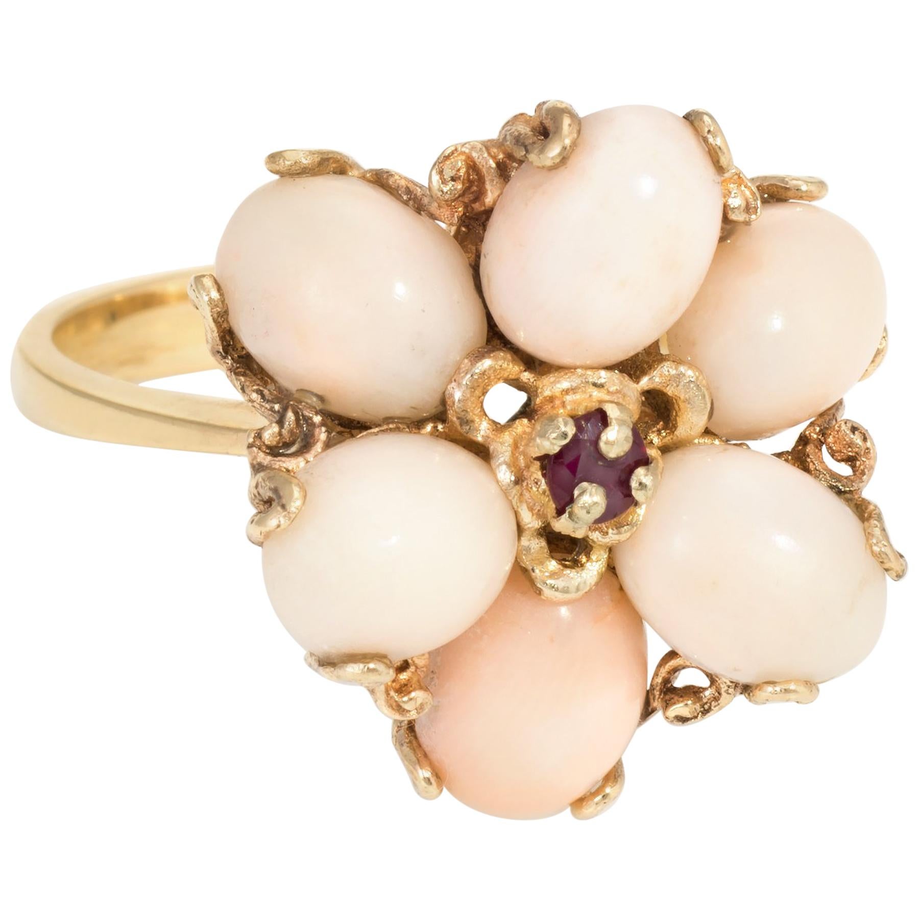 Angel Skin Coral Ruby Cocktail Ring Vintage 14 Karat Yellow Gold