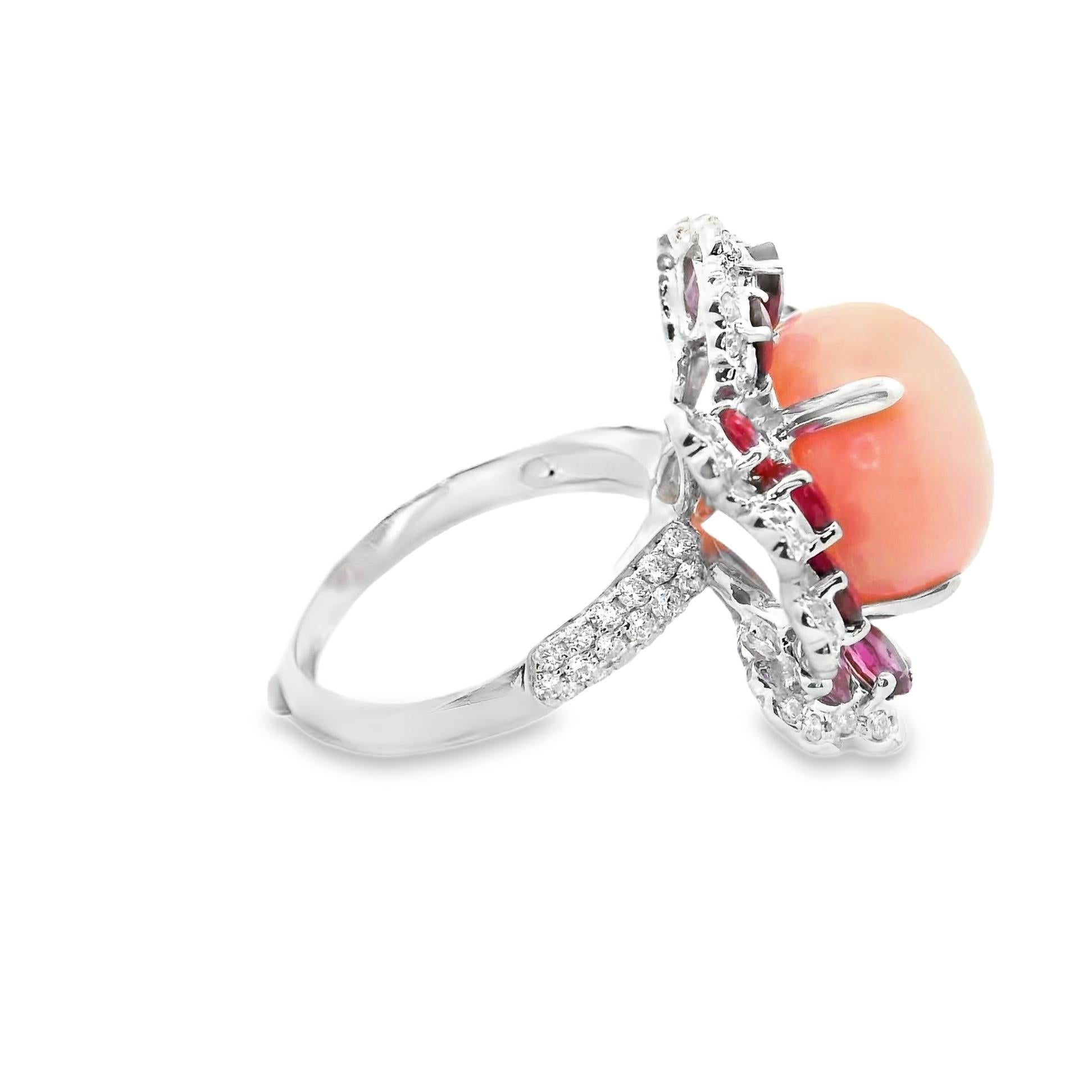 De las mujeres Anillo de Cóctel Floral Piel de Ángel Coral Rubí Diamante Oro Blanco 18k en venta