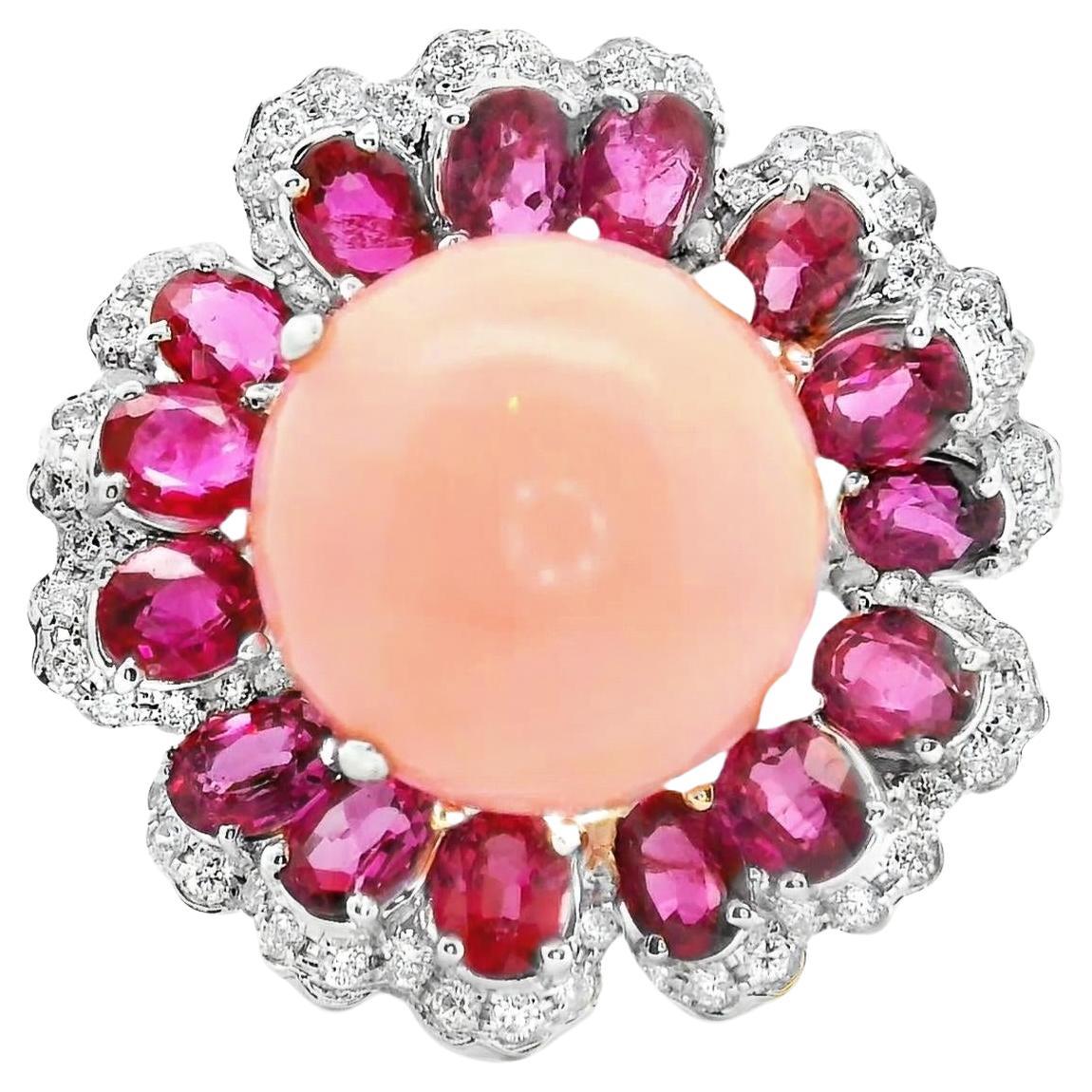 Anillo de Cóctel Floral Piel de Ángel Coral Rubí Diamante Oro Blanco 18k