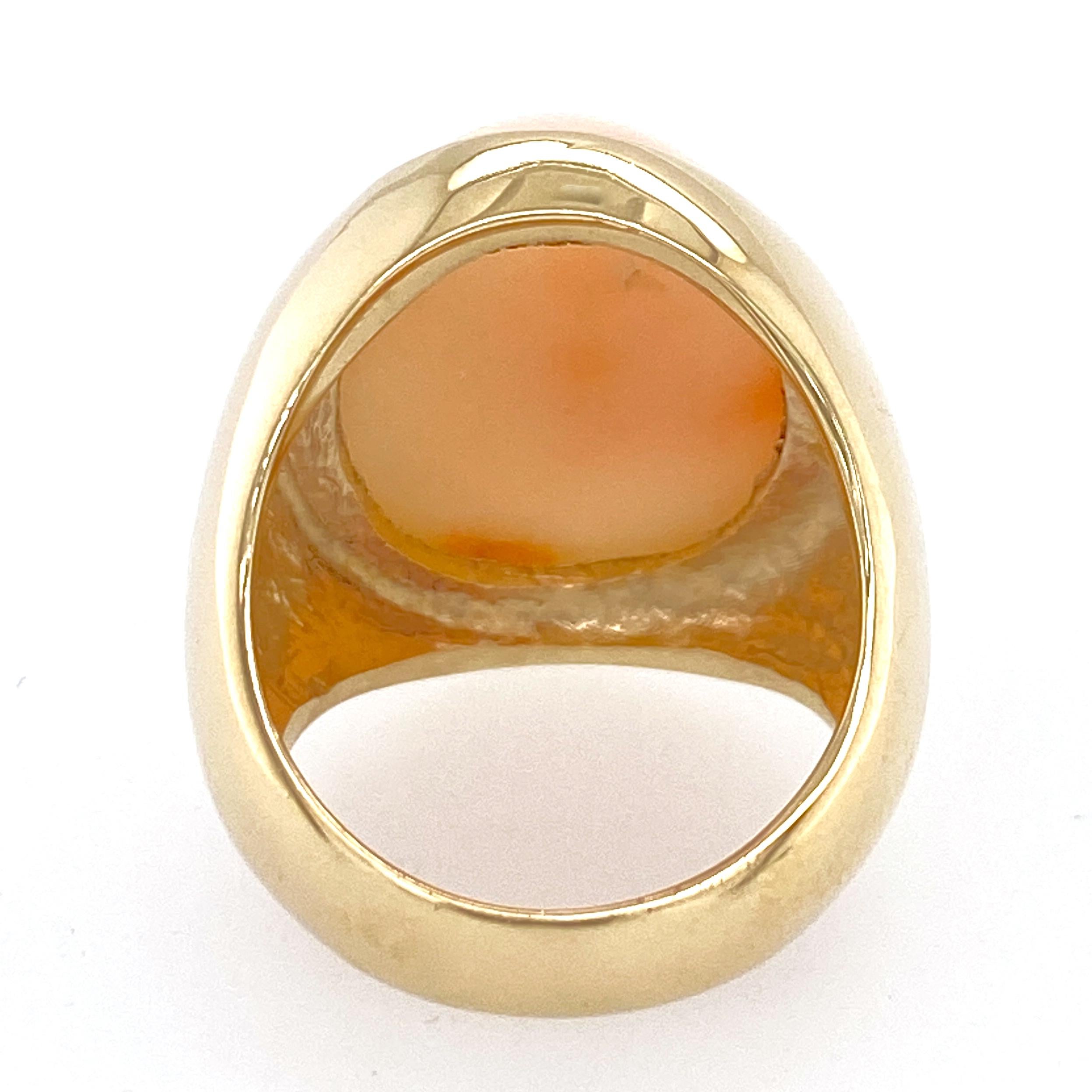 Women's or Men's Angel Skin Coral Signet-Style Cocktail Ring in Yellow Gold, circa 1970