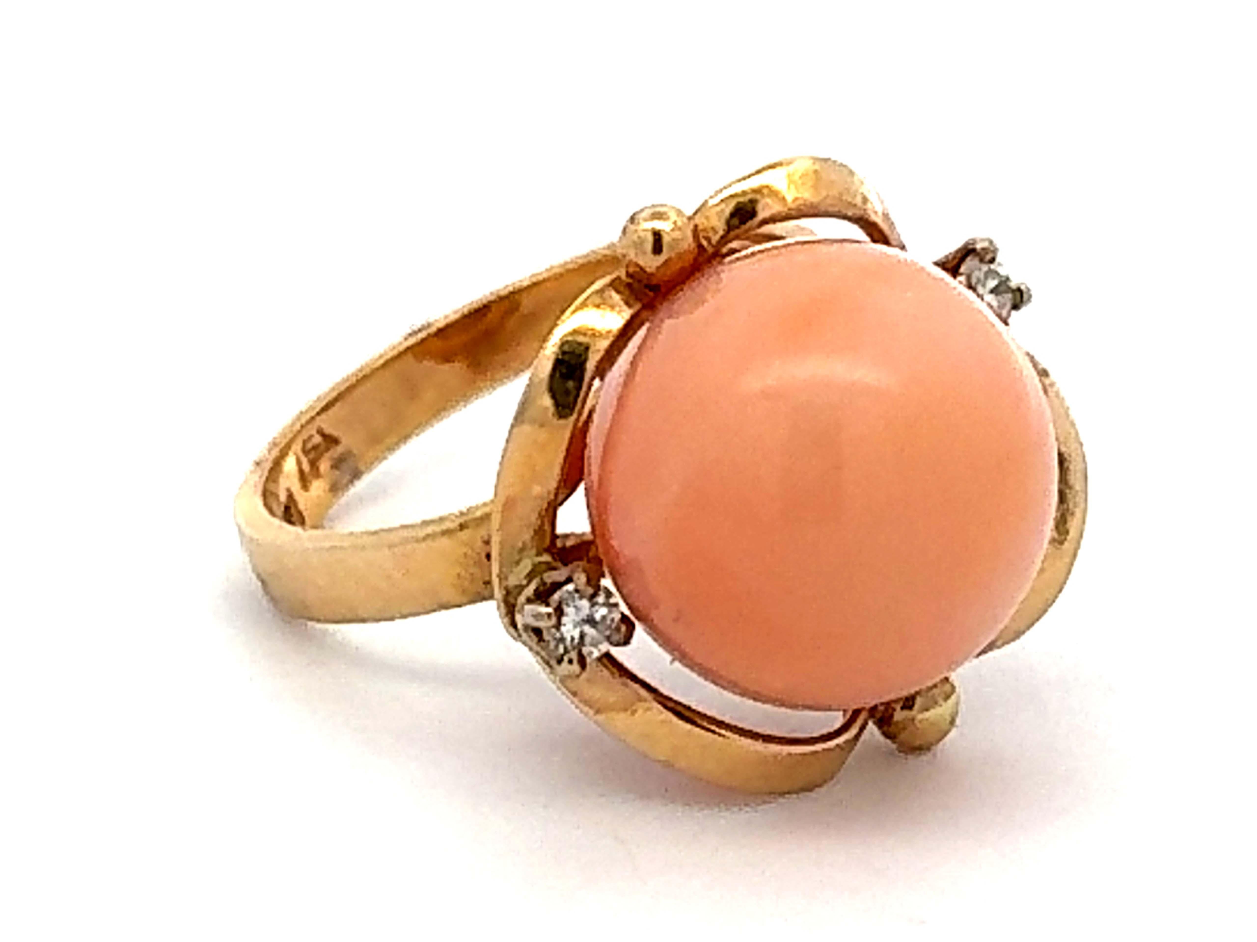 Modern Angel Skin Coral Sphere Diamond Ring 14k Yellow Gold For Sale