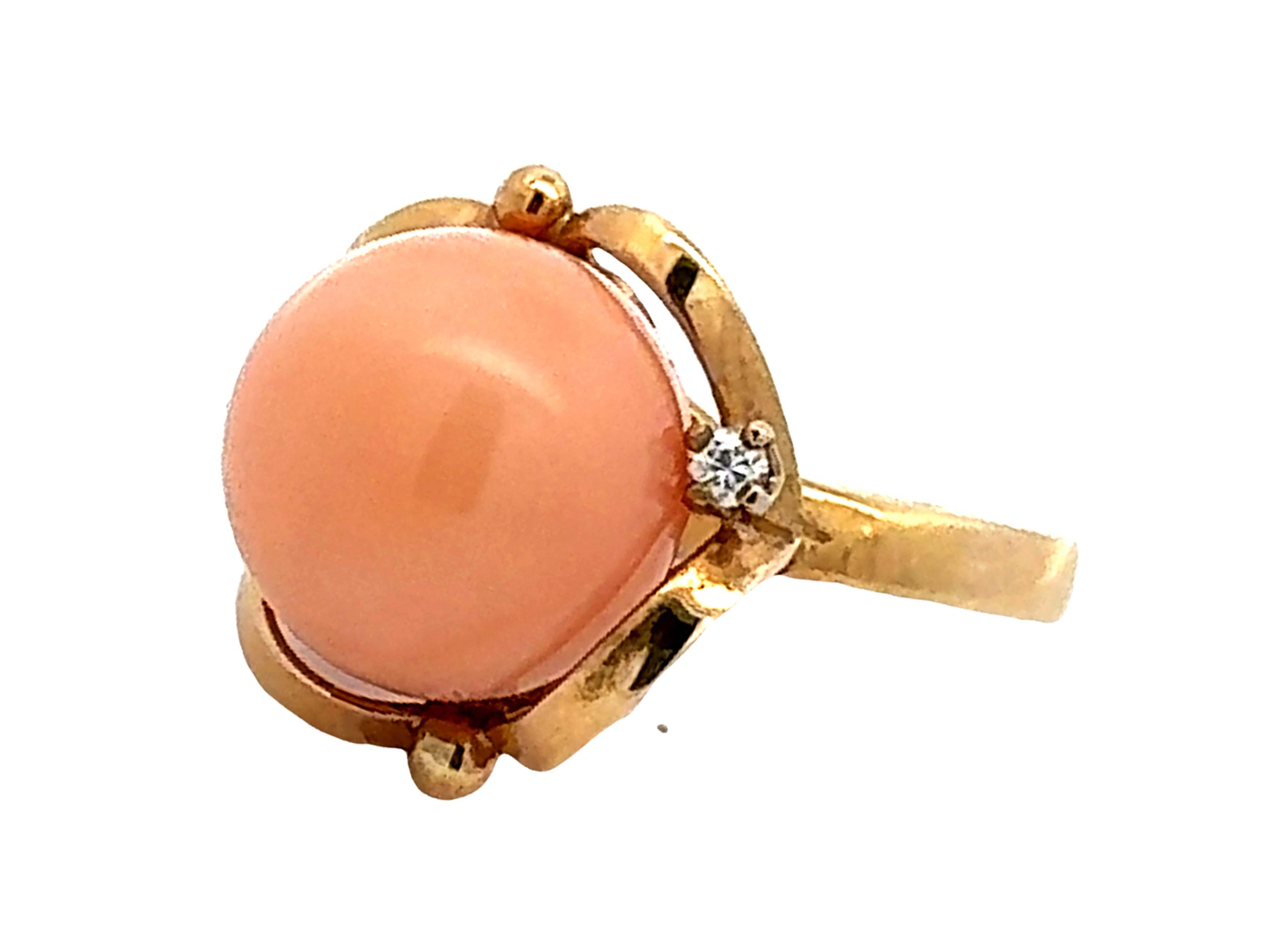Round Cut Angel Skin Coral Sphere Diamond Ring 14k Yellow Gold For Sale
