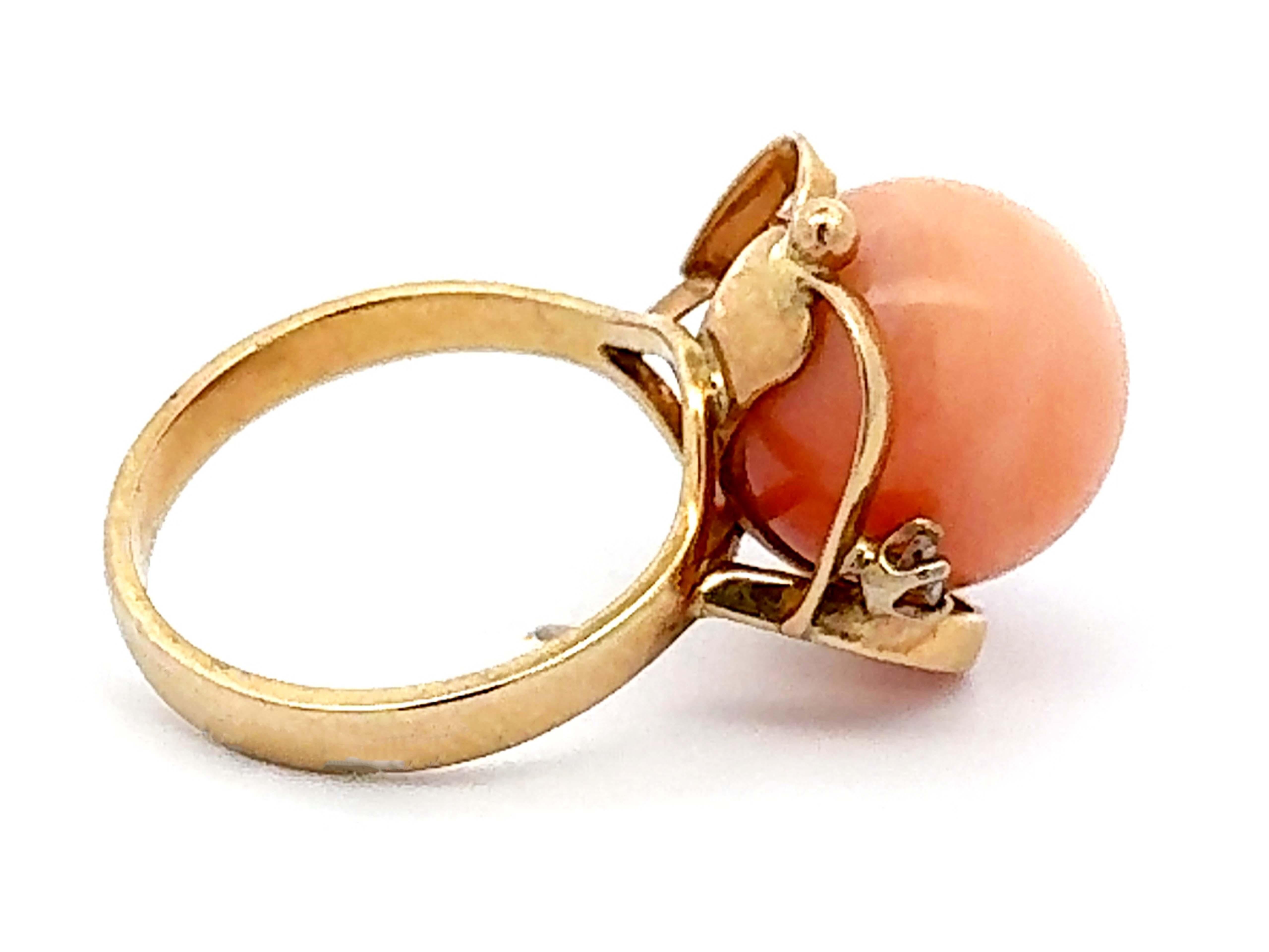 Angel Skin Coral Sphere Diamond Ring 14k Yellow Gold In Excellent Condition For Sale In Honolulu, HI