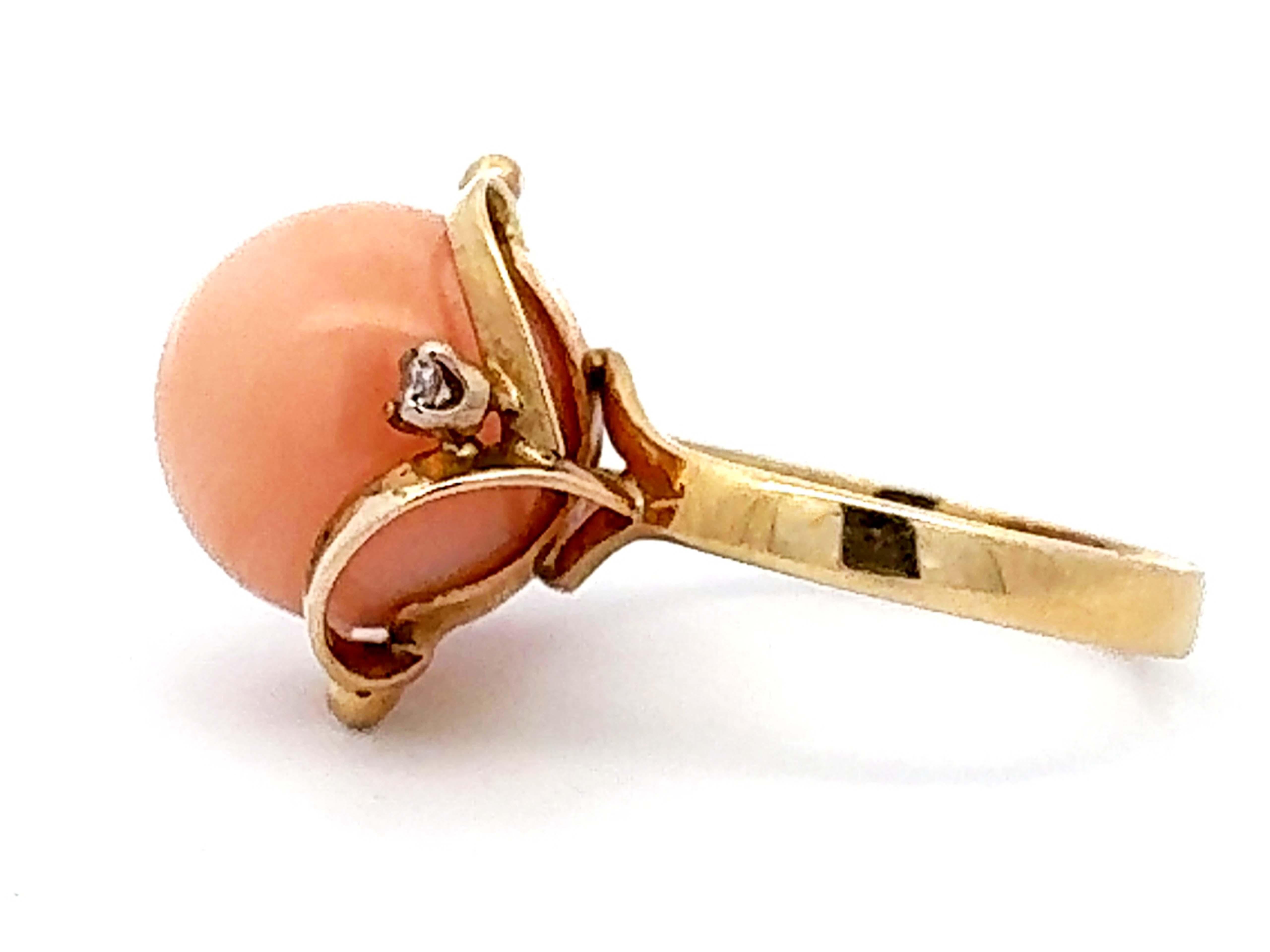 Women's Angel Skin Coral Sphere Diamond Ring 14k Yellow Gold For Sale
