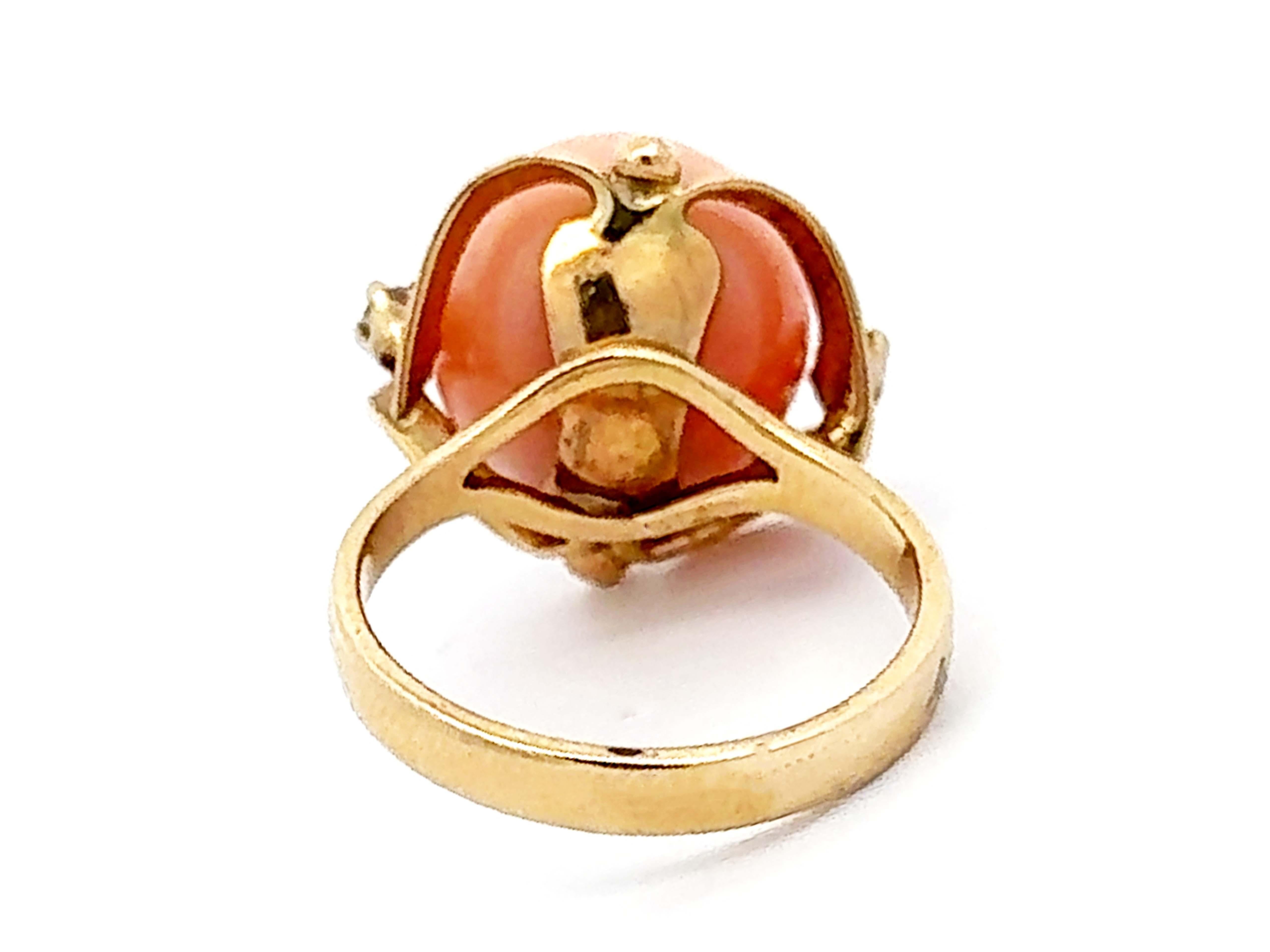 Angel Skin Coral Sphere Diamond Ring 14k Yellow Gold For Sale 1