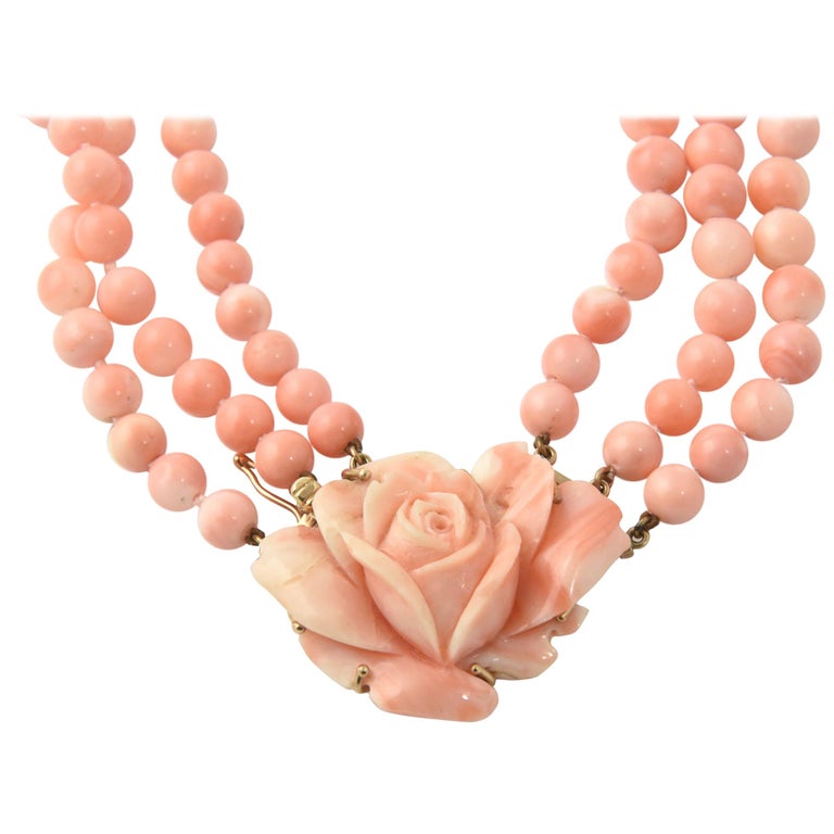 Angel Skin Coral Triple Strand Flower Necklace at 1stDibs