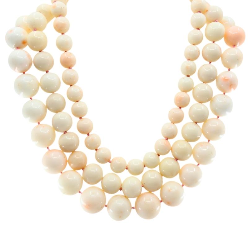 Round Cut Angel Skin Coral Triple Strand Necklace 14K Gold For Sale