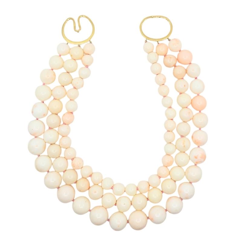 Angel Skin Coral Triple Strand Necklace 14K Gold For Sale 2
