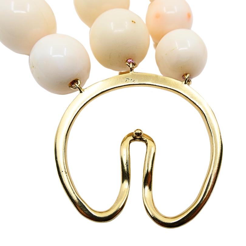 Angel Skin Coral Triple Strand Necklace 14K Gold For Sale 4