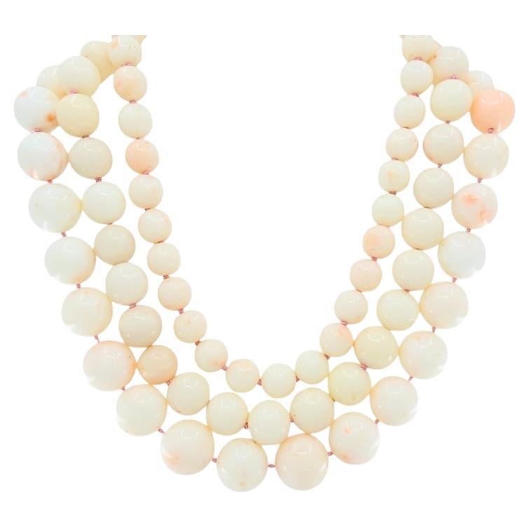 Angel Skin Coral Triple Strand Necklace 14K Gold