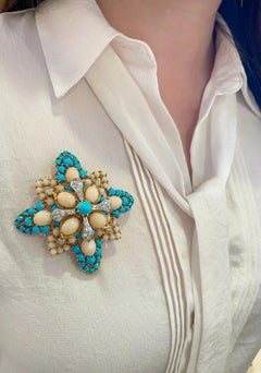 Angel Skin Coral & Turquoise Maltese Cross Pin Brooch 18k Yellow Gold
